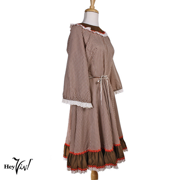 Vintage Malco Modes Prairie Dress Brown White Check Ric Rac Eyelet Trim Size 14 - Picture 2 of 9